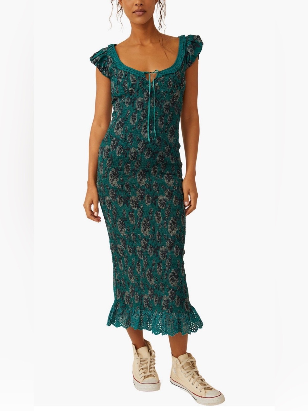 Free People Teal Crochet Floral Midi Dress with Ruffle Hem